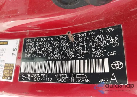 2009 Toyota Prius from USA, damaged, VIN JTDKB20U697887058